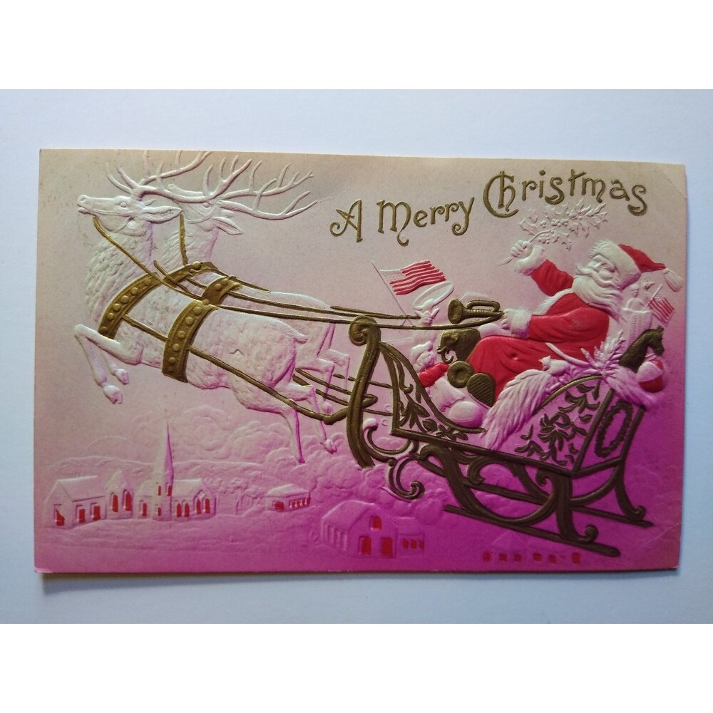 Vintage Deep Embossed Santa Reindeer Sleigh Christmas Postcard Patriotic Flags